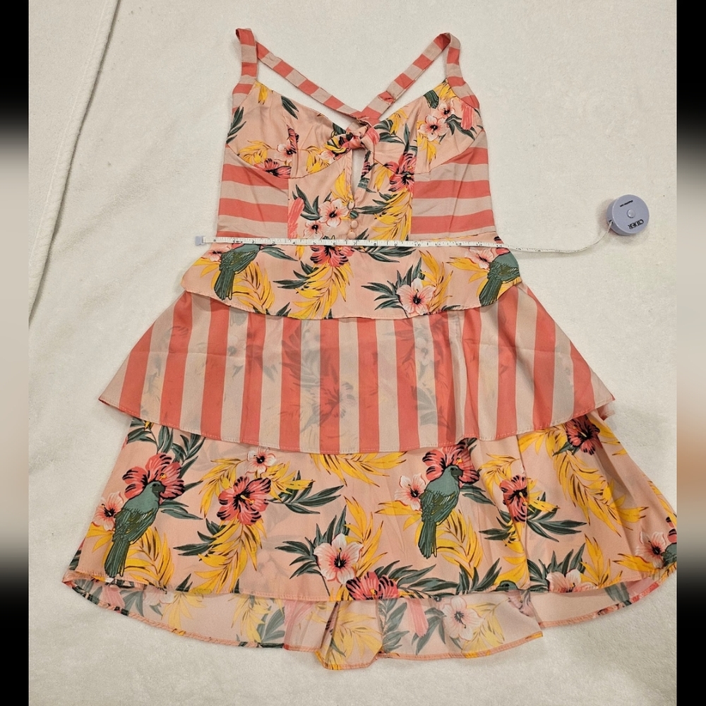 Pink stripe flamingo tropical strap mini dress layered bow medium new